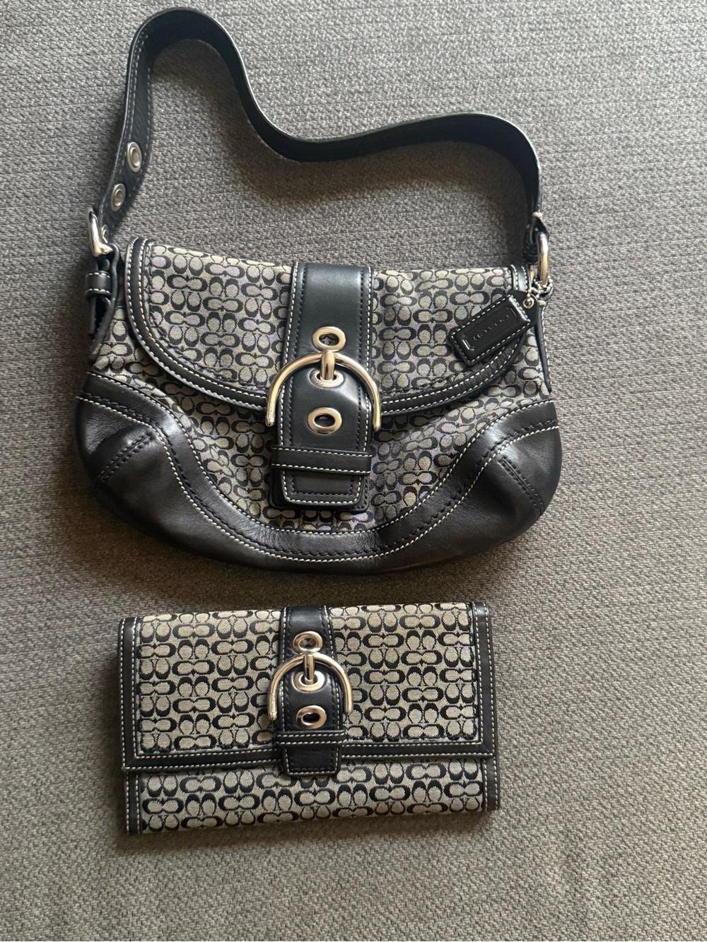 Coach Grey and Black Signature Canvas Shoulder Bag with Matching Wallet